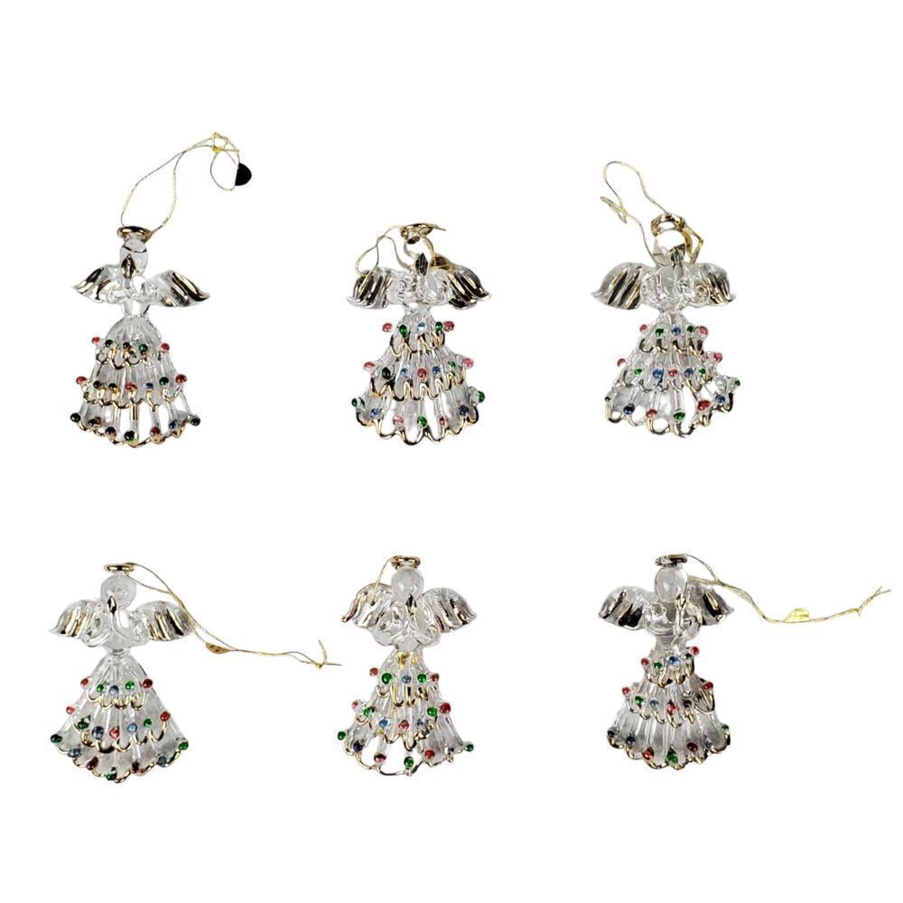 Spun Glass Angels Christmas Tree Ornaments Clear Gold Holiday Gift Lot of 6